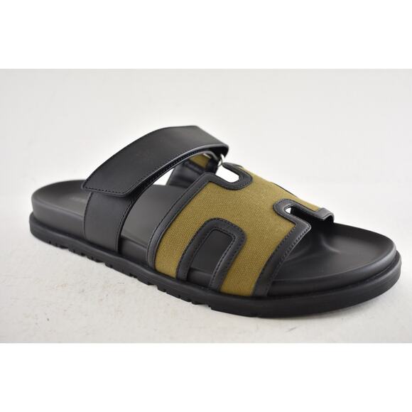 Hermes Chypre Sandal Mens Black Olive Green Canvas Cargo H Logo Slide Flat 45 12 - Picture 6 of 16